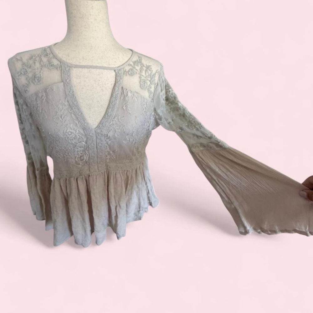 Boho Fairy Lace Peasant Top Bell Sleeve Embroidered Sheer Praire Size Medium